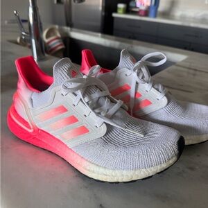 adidas White Knit Running Shoes with Pink Gradient Heel